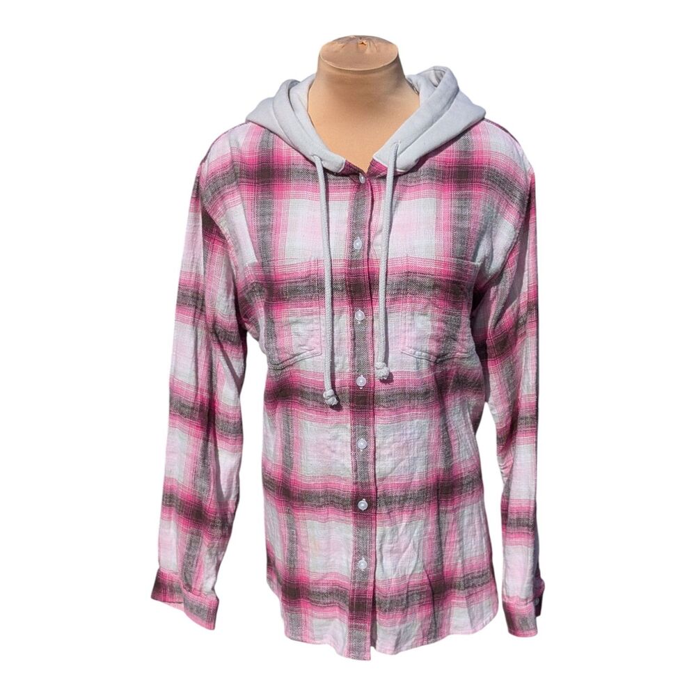 American Eagle Soft Cotton Distressed Flannel Hoodie Shirt Pink Medium Grunge